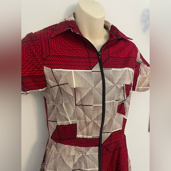 Baobá Brasil Red Cream Black Geometric Full Zip Mini Dress w Pockets Small - Picture 2 of 5